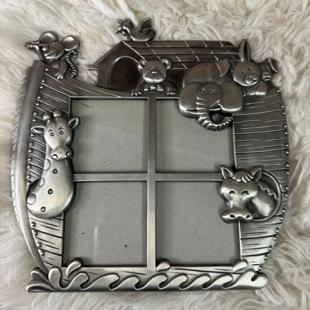 Vintage Pewter Noah’s Ark Picture Frame 4 Photo Section Animals Home Office
